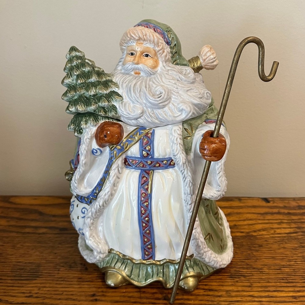 CBK Ltd 2003 Old World Santa Cookie Jar Green Robe Christmas Tree Ceramic 52906